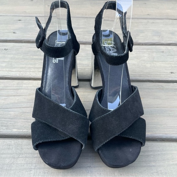 Karl Lagerfeld black suede & silver chunky heel platform ankle strap sandals 38 - Picture 6 of 16